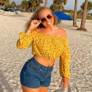 L.A. Hearts crop yellow off the shoulder top